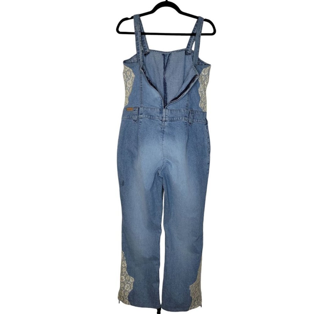 VTG 90s Y2K Fubu Jumpsuit Womens M Chambray Denim Wide Leg Lace Baggy Stretch - Picture 4 of 12